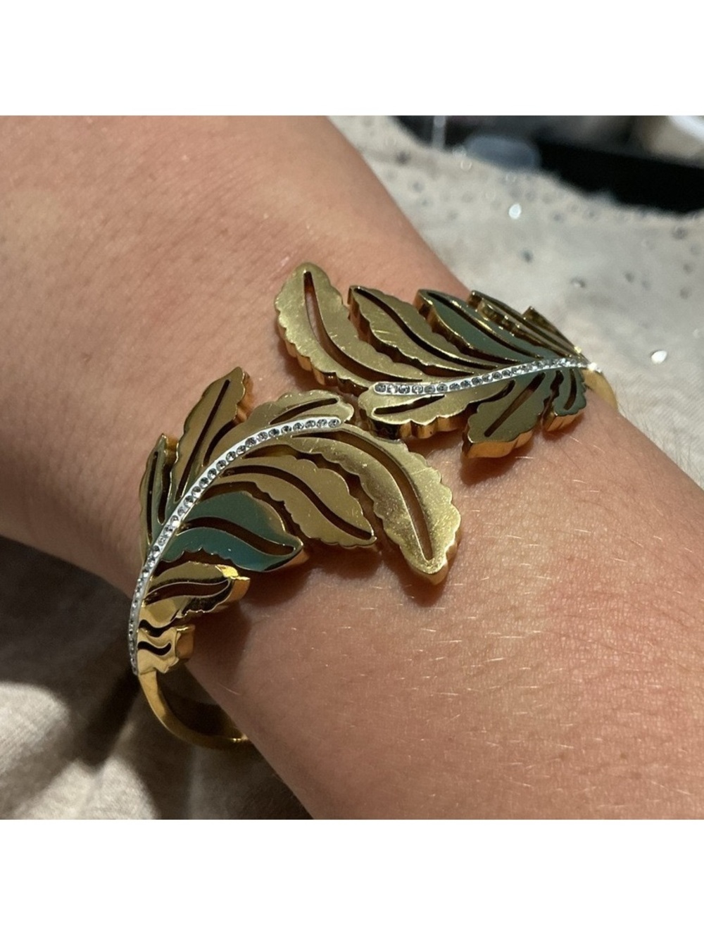 Gold Leaf CZ Diamond Accent Hypoallergenic Cuff Bangle Bracelet